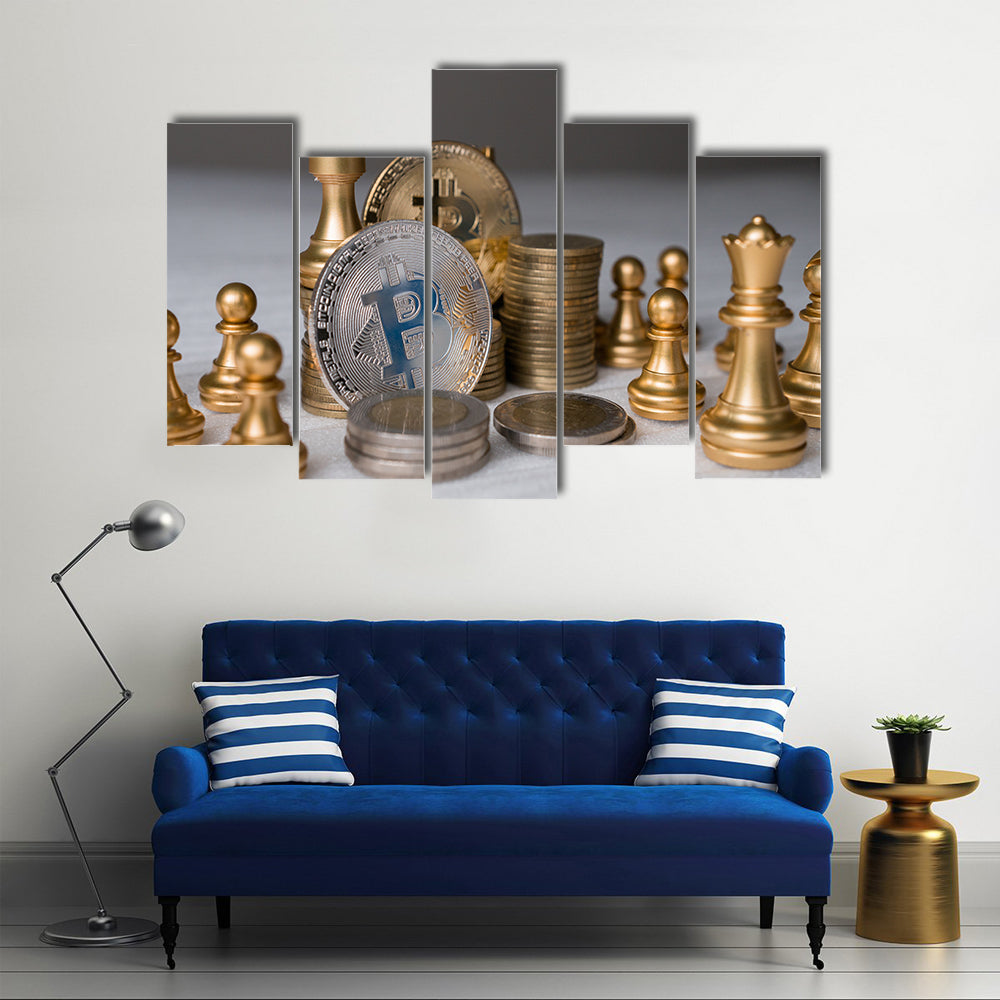 Bitcoin on chess board game of business ideas and blank space multi panel canvas wall art