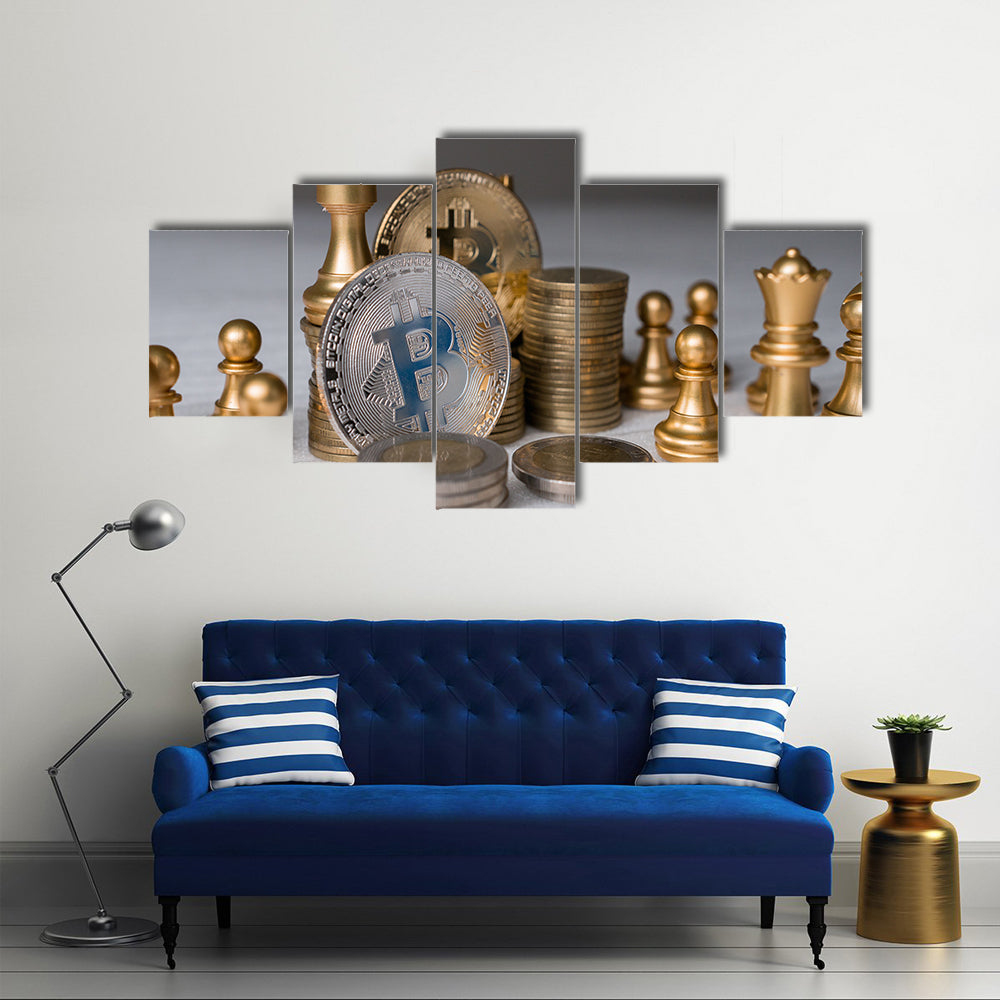 Bitcoin on chess board game of business ideas and blank space multi panel canvas wall art