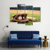 Old baseball, glove, and bat on field with base Multi Panel Canvas Wall Art