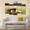 Old baseball, glove, and bat on field with base and outfield in background Multi panel canvas wall art