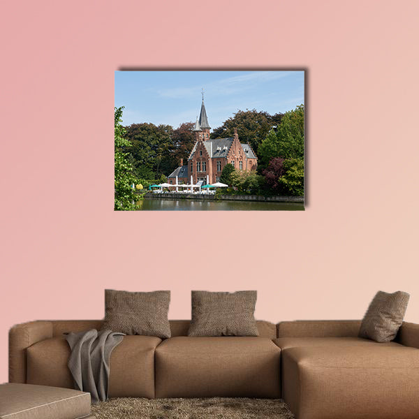 Medieval rich house on the shore of the lake multi panel canvas wall art