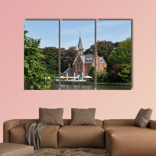 Medieval rich house on the shore of the lake multi panel canvas wall art