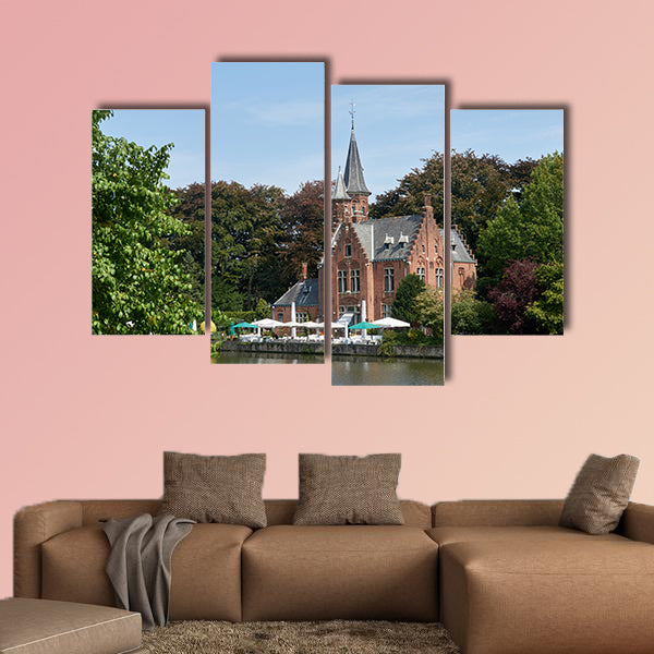 Medieval rich house on the shore of the lake multi panel canvas wall art