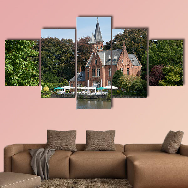 Medieval rich house on the shore of the lake multi panel canvas wall art