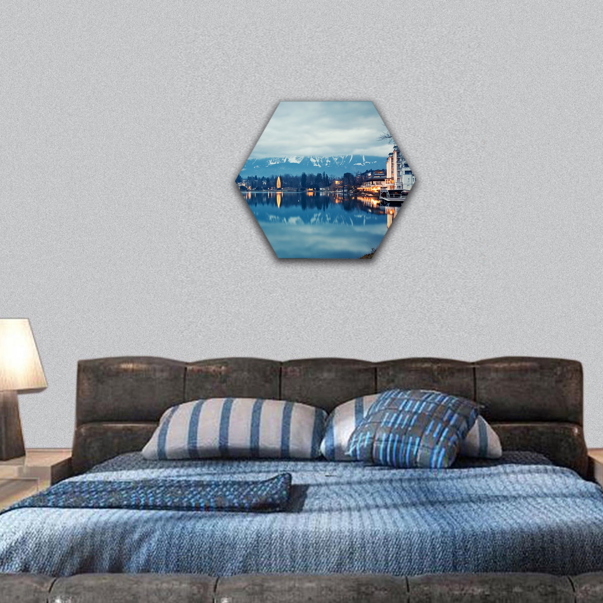 Lake bled at dusk Slovenia hexagonal canvas wall art