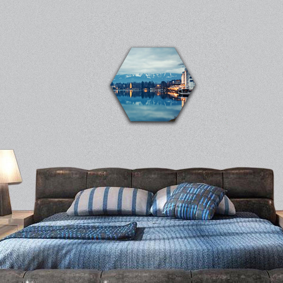 Lake bled at dusk Slovenia hexagonal canvas wall art