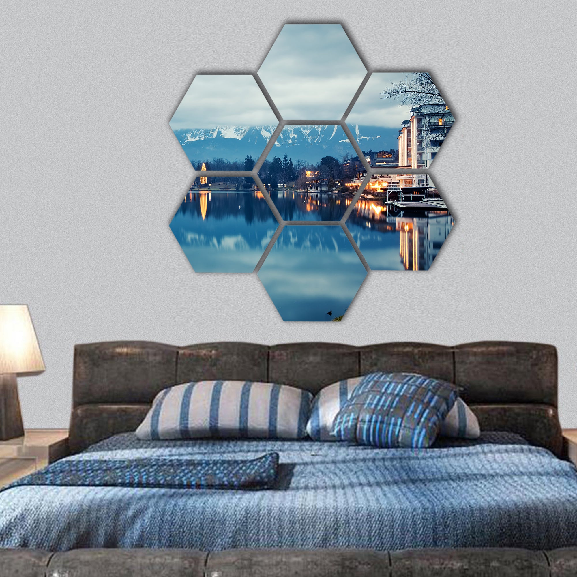 Lake bled at dusk Slovenia hexagonal canvas wall art