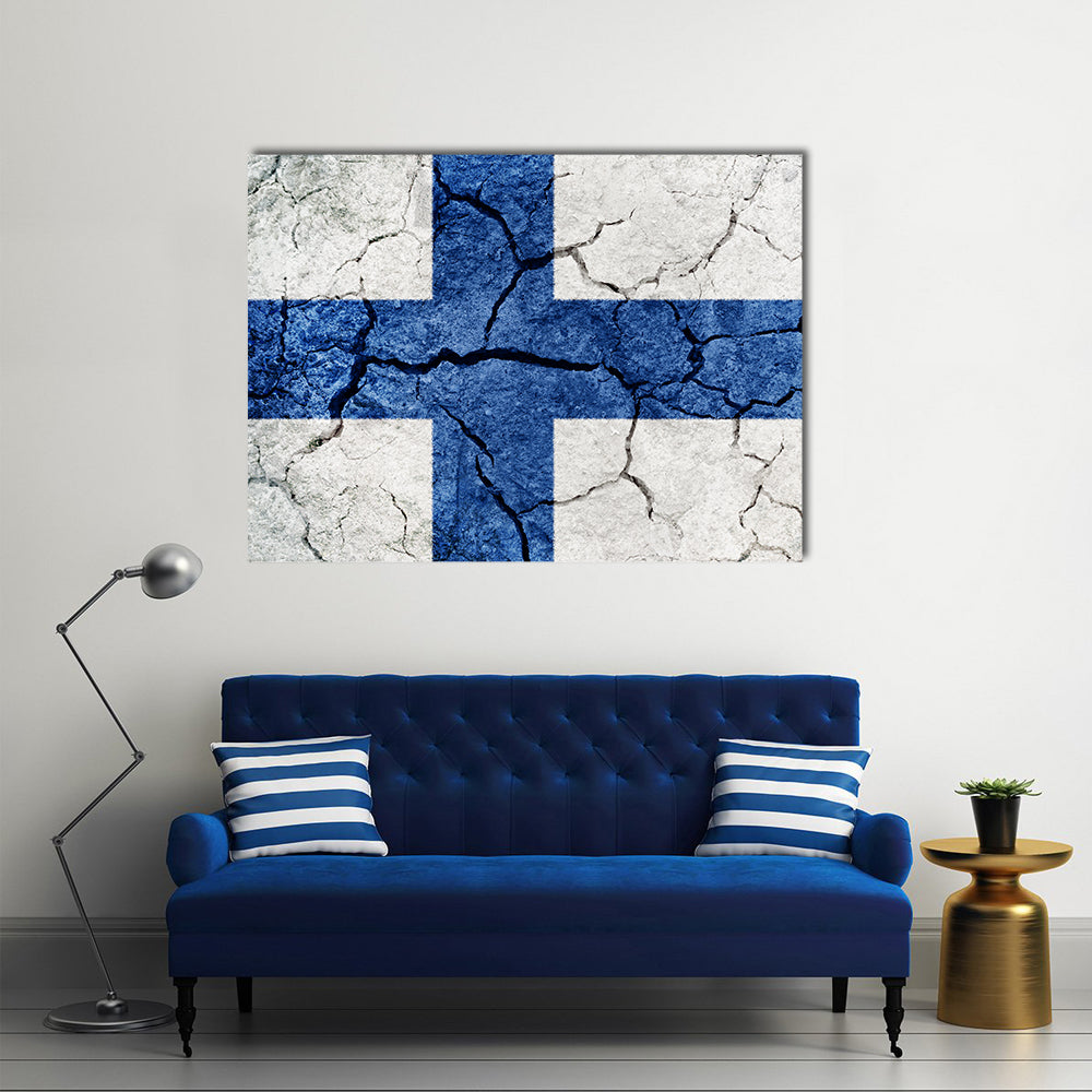 Republic of Finland flag on dry earth ground texture background Multi Panel Canvas Wall Art