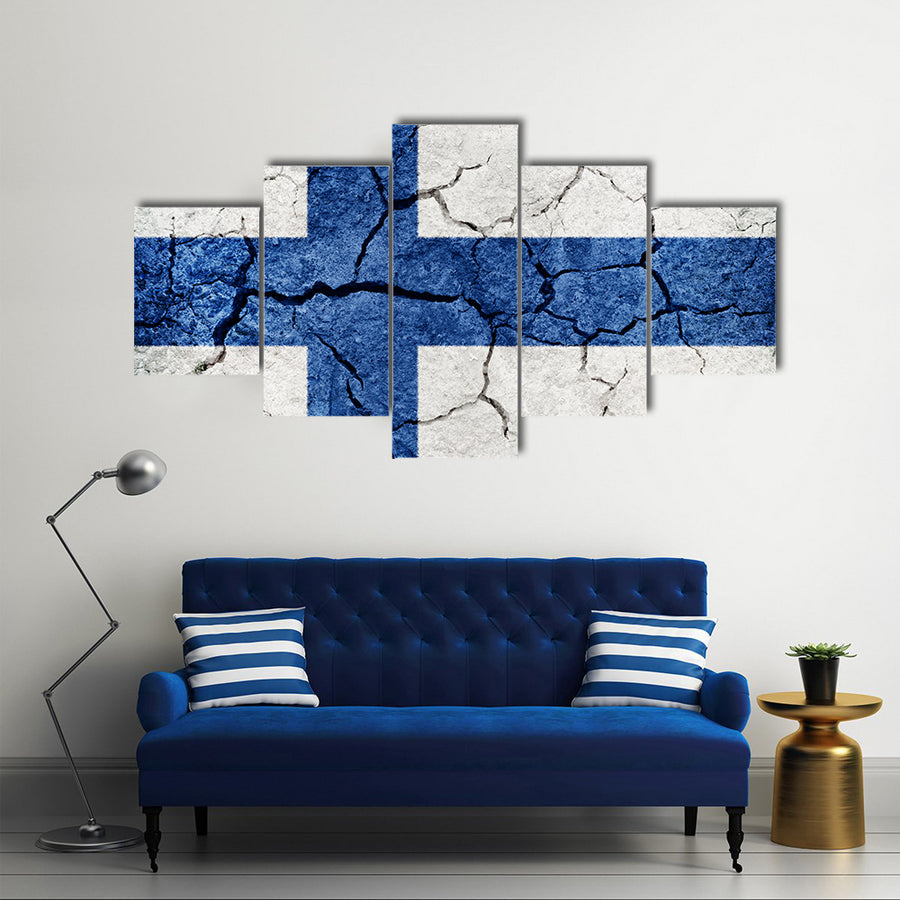 Republic of Finland flag on dry earth ground texture background Multi Panel Canvas Wall Art