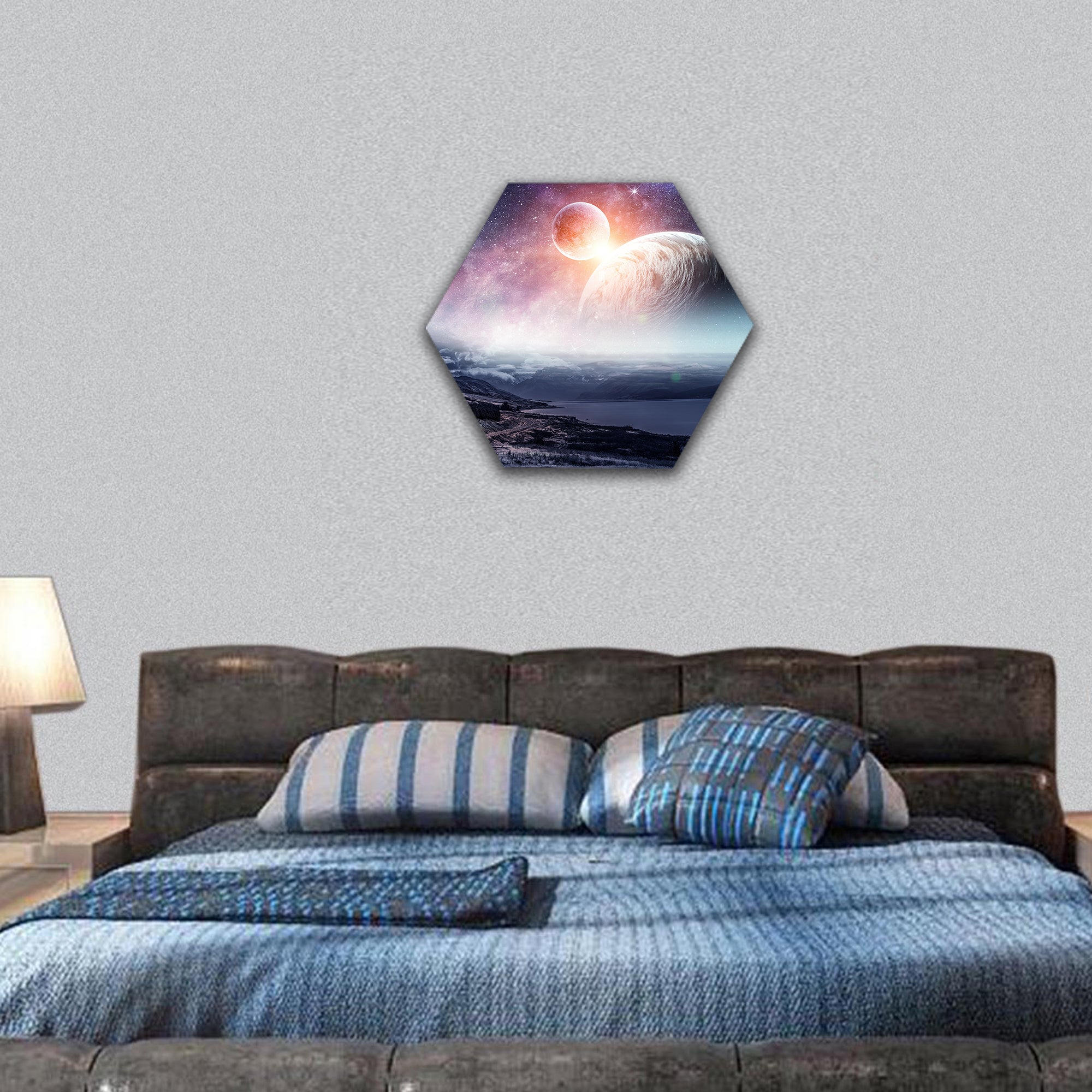 Space planets and nature hexagonal canvas wall art