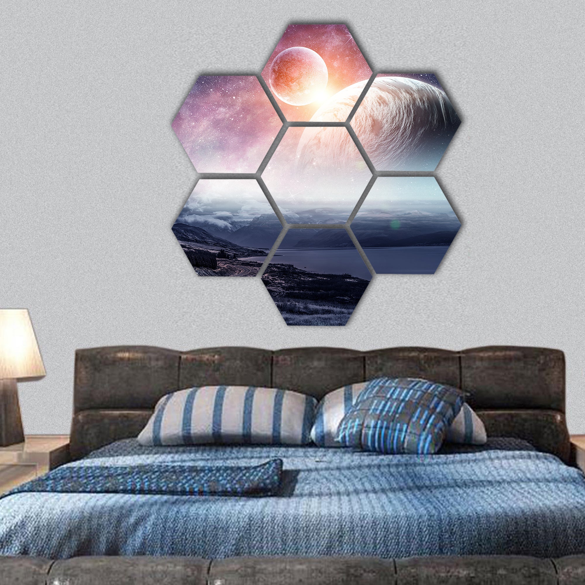 Space planets and nature hexagonal canvas wall art