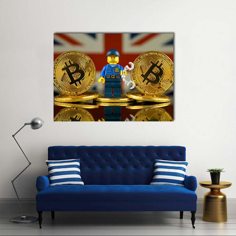 Physical version of Bitcoin, Police Officer (as Lego figure) and United Kingdom Flag multi panel canvas wall art