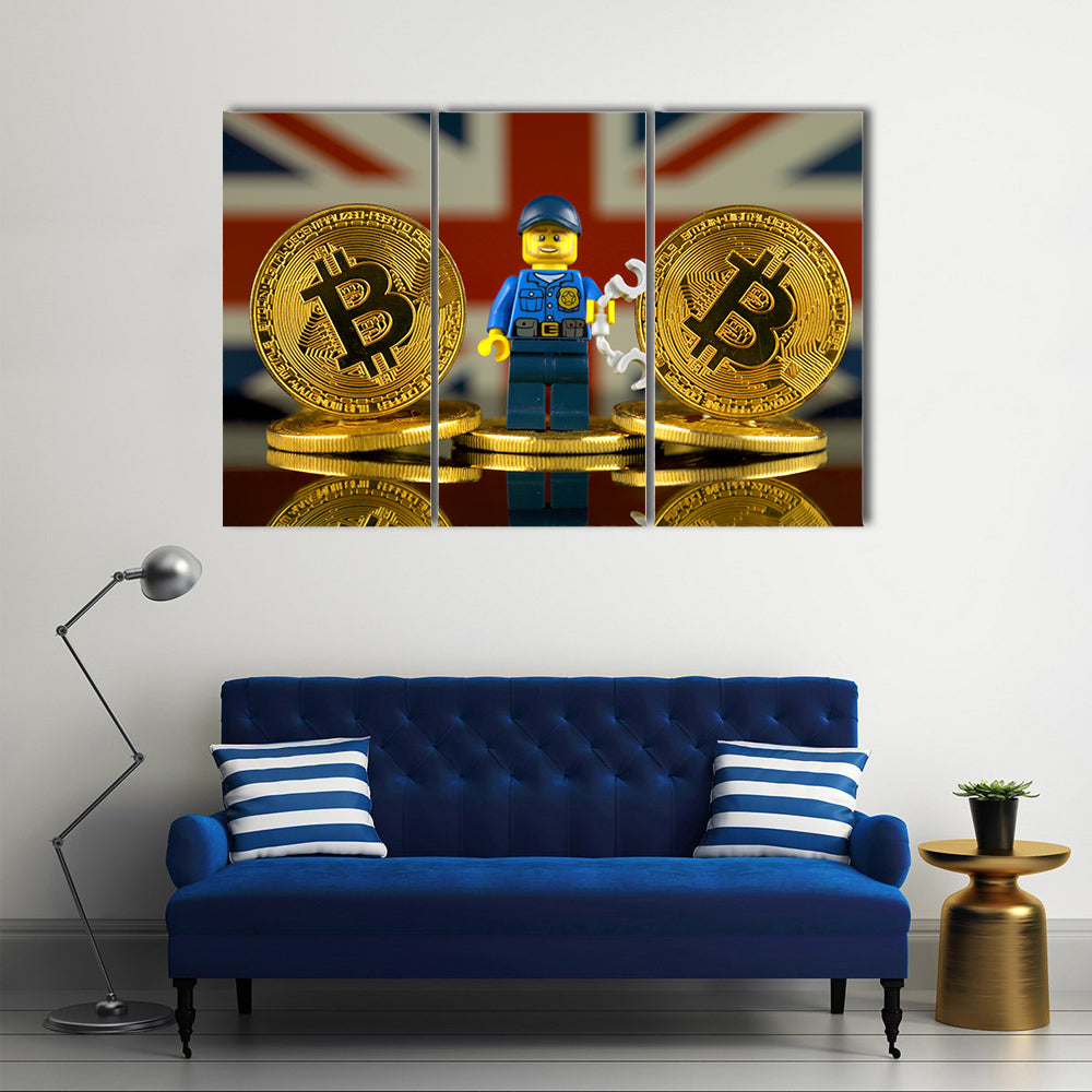 Physical version of Bitcoin, Police Officer (as Lego figure) and United Kingdom Flag multi panel canvas wall art