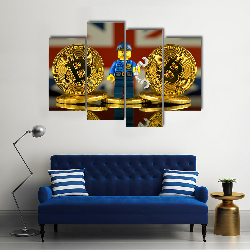 Physical version of Bitcoin, Police Officer (as Lego figure) and United Kingdom Flag multi panel canvas wall art