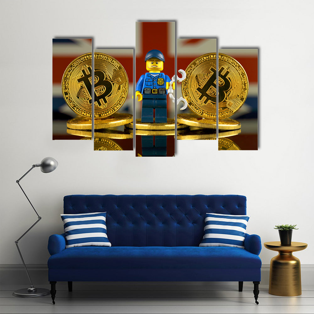 Physical version of Bitcoin, Police Officer (as Lego figure) and United Kingdom Flag multi panel canvas wall art