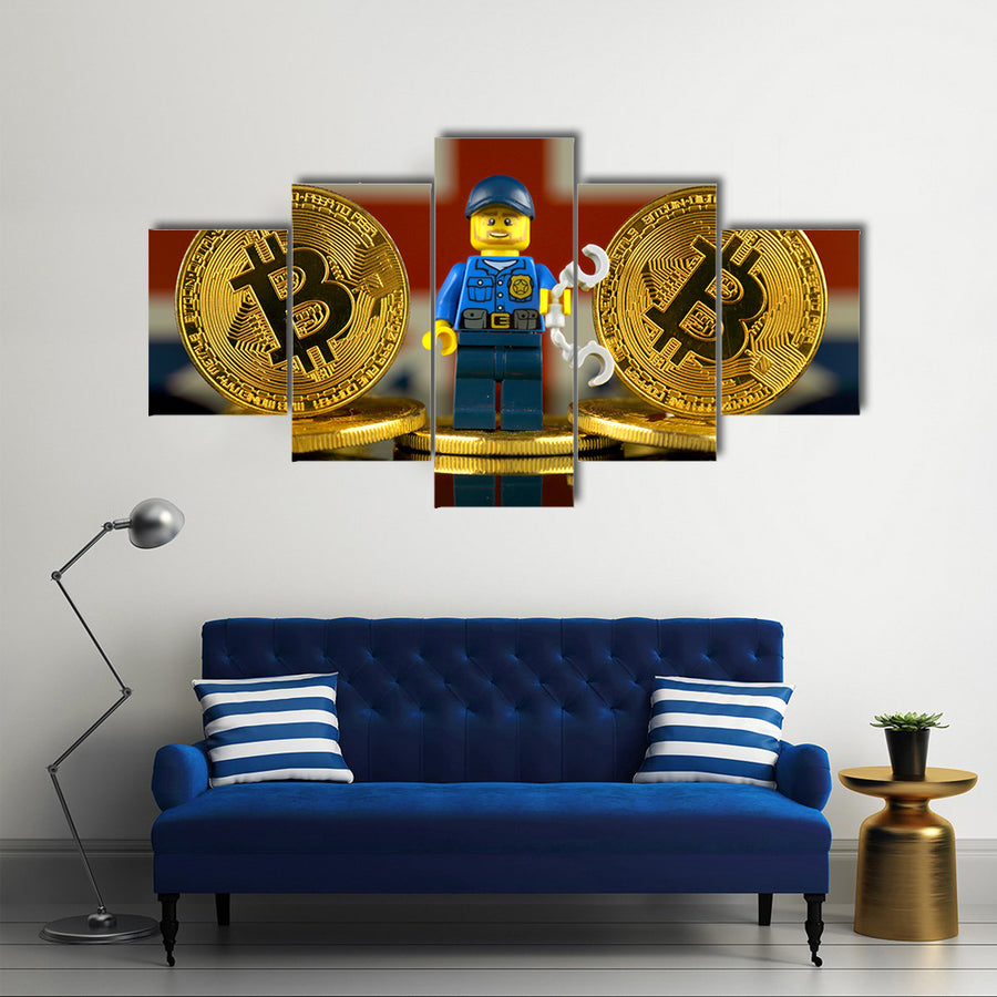 Physical version of Bitcoin, Police Officer (as Lego figure) and United Kingdom Flag multi panel canvas wall art