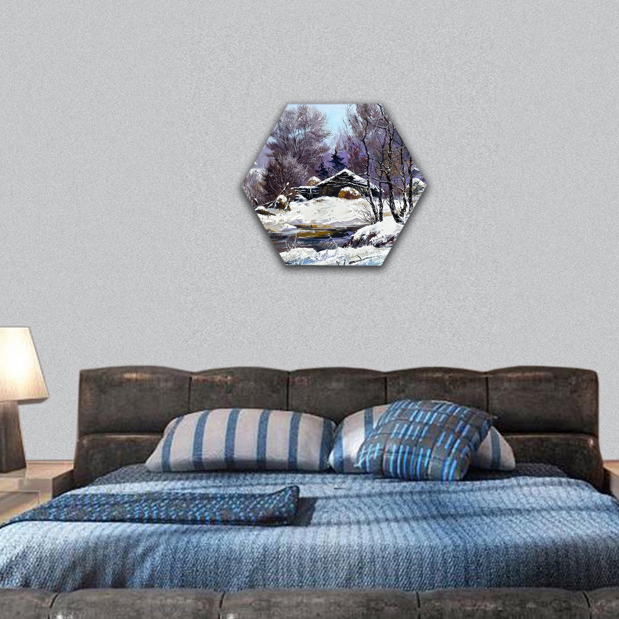 Small house in winter village hexagonal canvas wall art