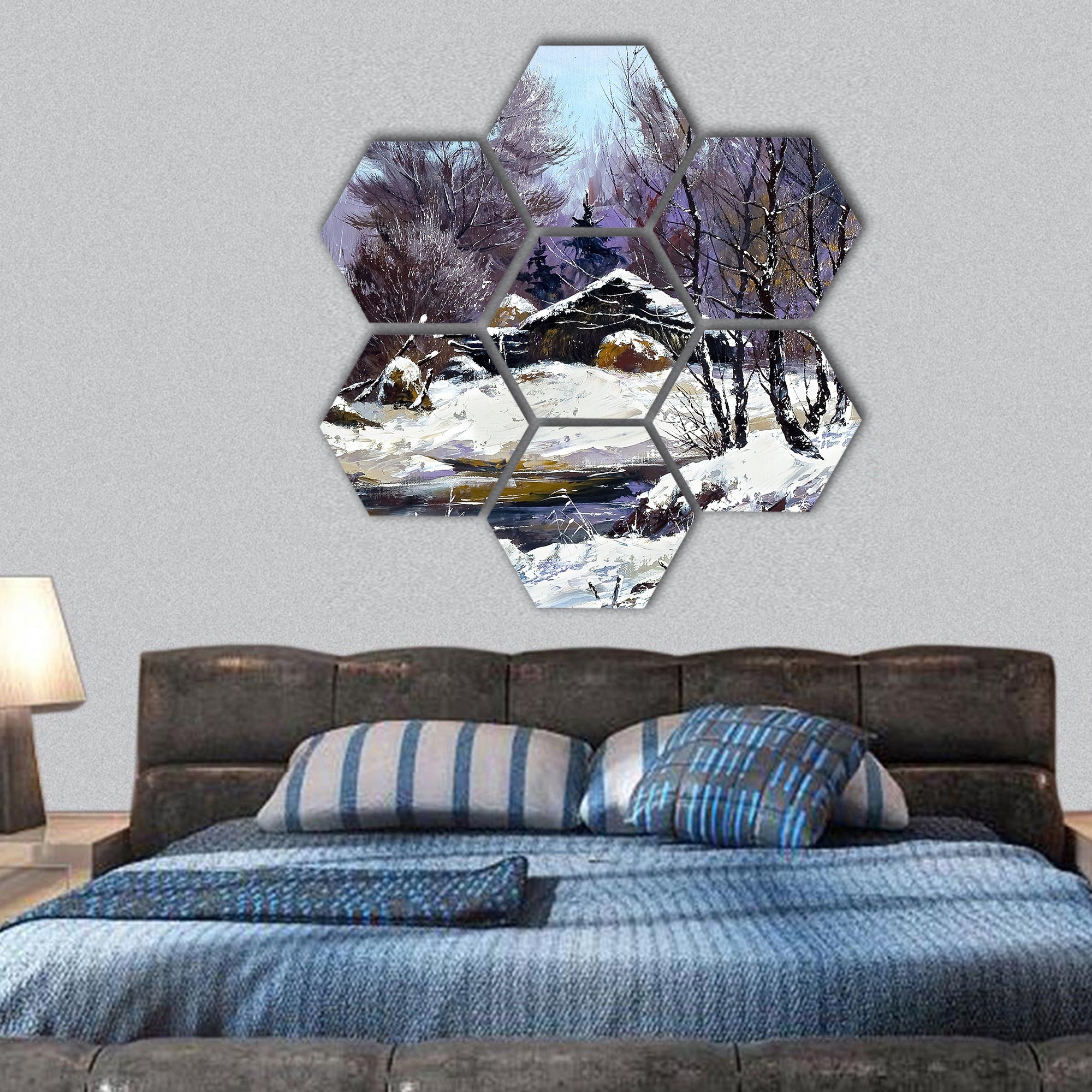 Small house in winter village hexagonal canvas wall art