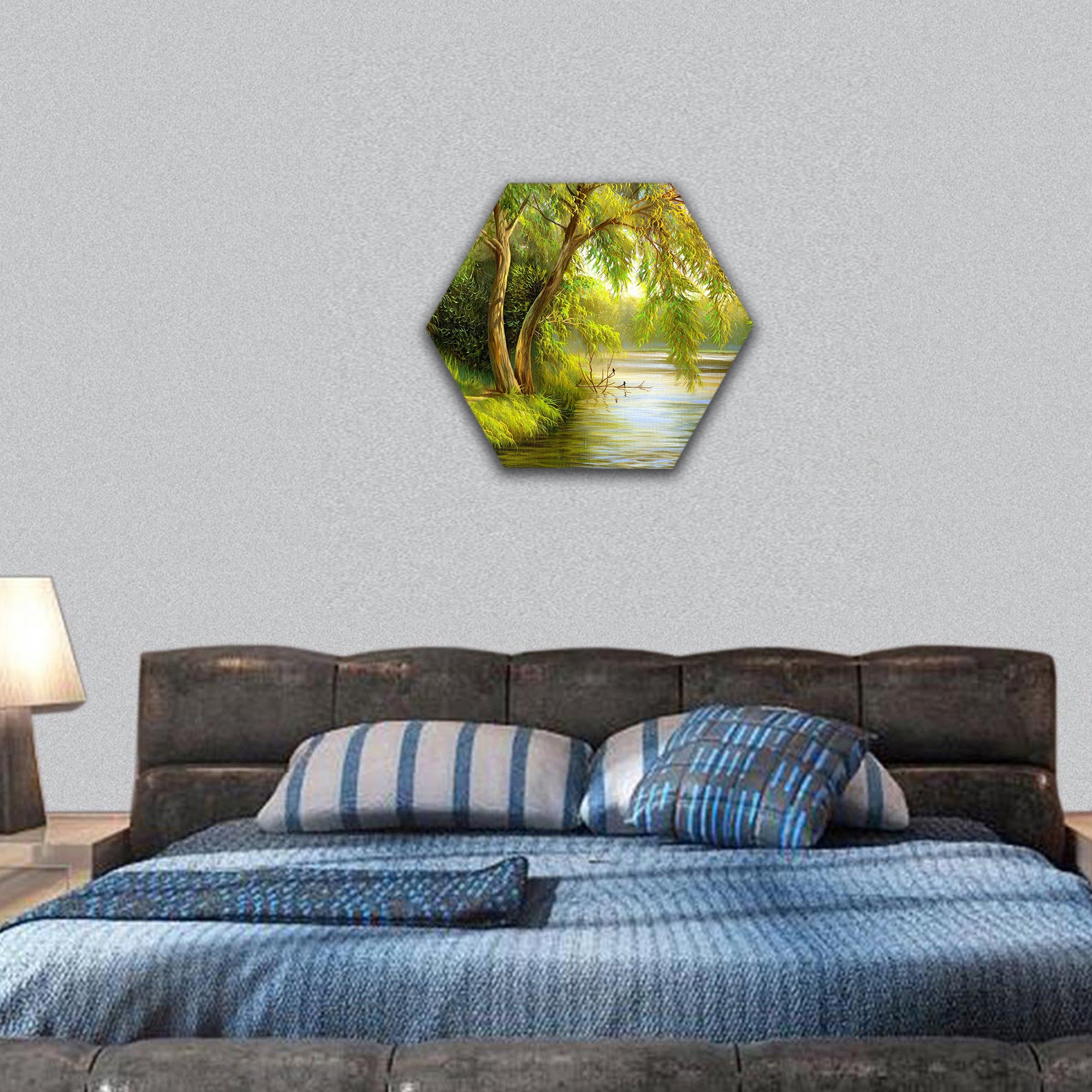 Summer wood lake with trees  hexagonal canvas wall art