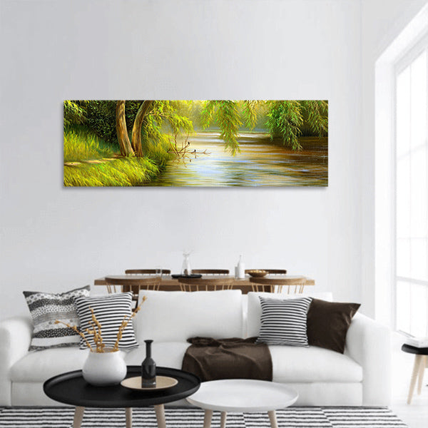 Summer wood lake with trees and bushes Panoramic Canvas Wall Art