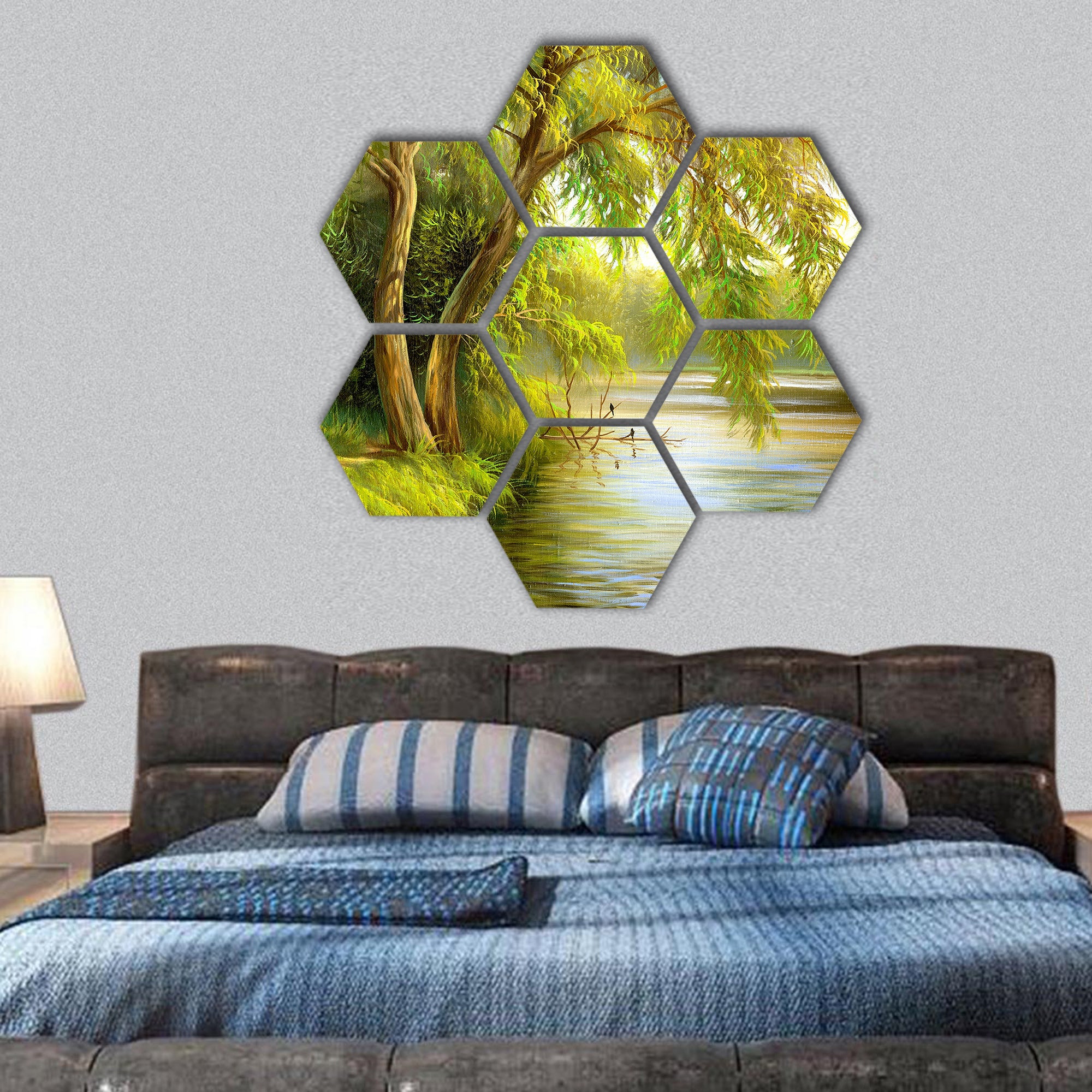 Summer wood lake with trees  hexagonal canvas wall art