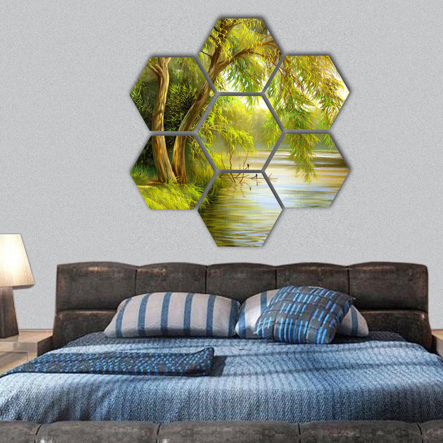 Summer wood lake with trees  hexagonal canvas wall art