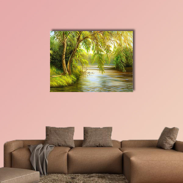 Summer wood lake with trees and bushes multi panel canvas wall art