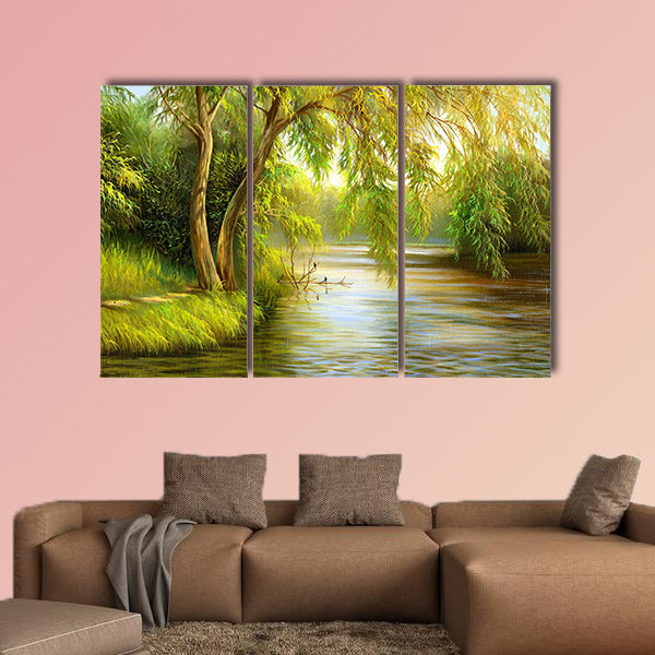 Summer wood lake with trees and bushes multi panel canvas wall art