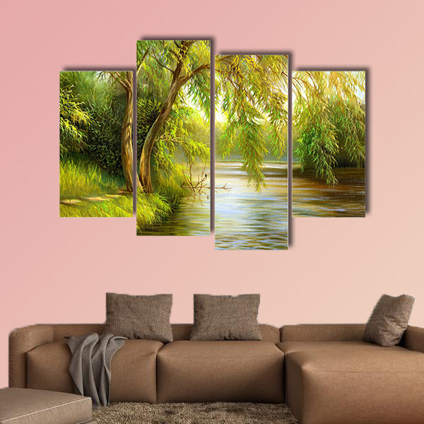 Summer wood lake with trees and bushes multi panel canvas wall art