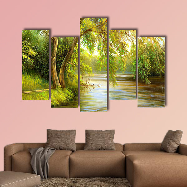 Summer wood lake with trees and bushes multi panel canvas wall art
