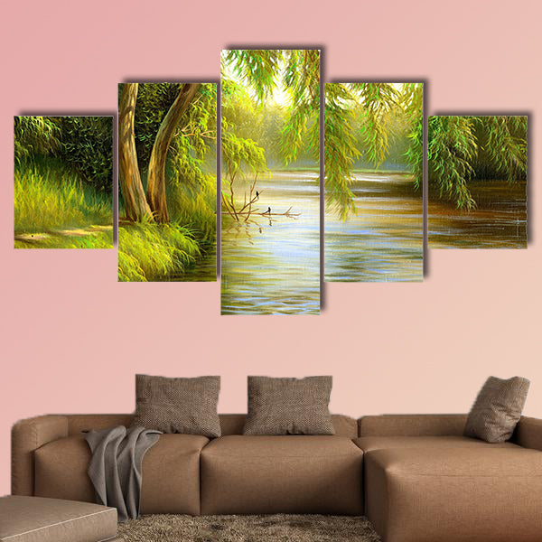 Summer wood lake with trees and bushes multi panel canvas wall art