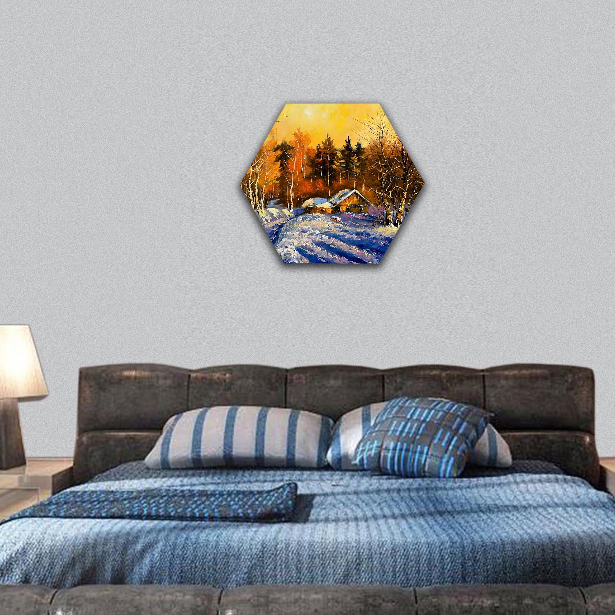 Evening in winter village hexagonal canvas wall art