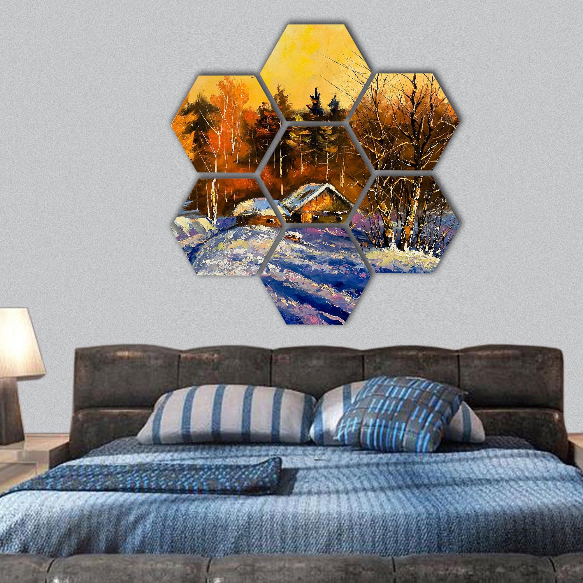 Evening in winter village hexagonal canvas wall art