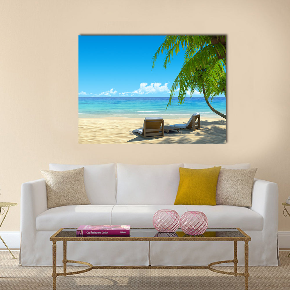 Two stylish beach chairs on idyllic tropical white sand beach Multi panel canvas wall art