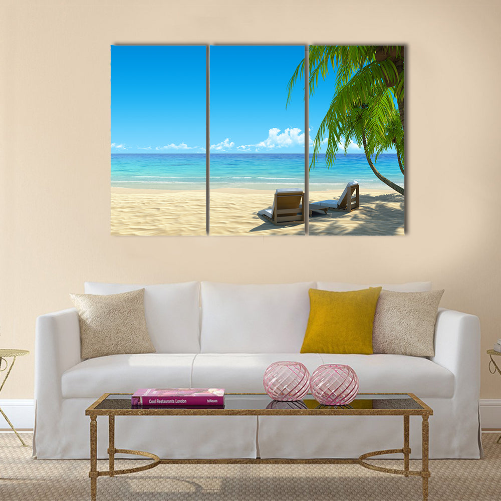 Two stylish beach chairs on idyllic tropical white sand beach Multi panel canvas wall art