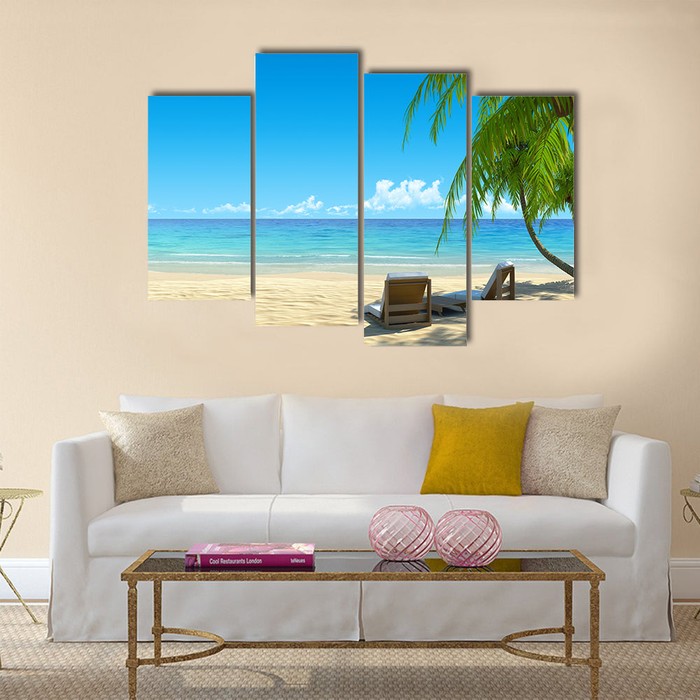 Two stylish beach chairs on idyllic tropical white sand beach Multi panel canvas wall art