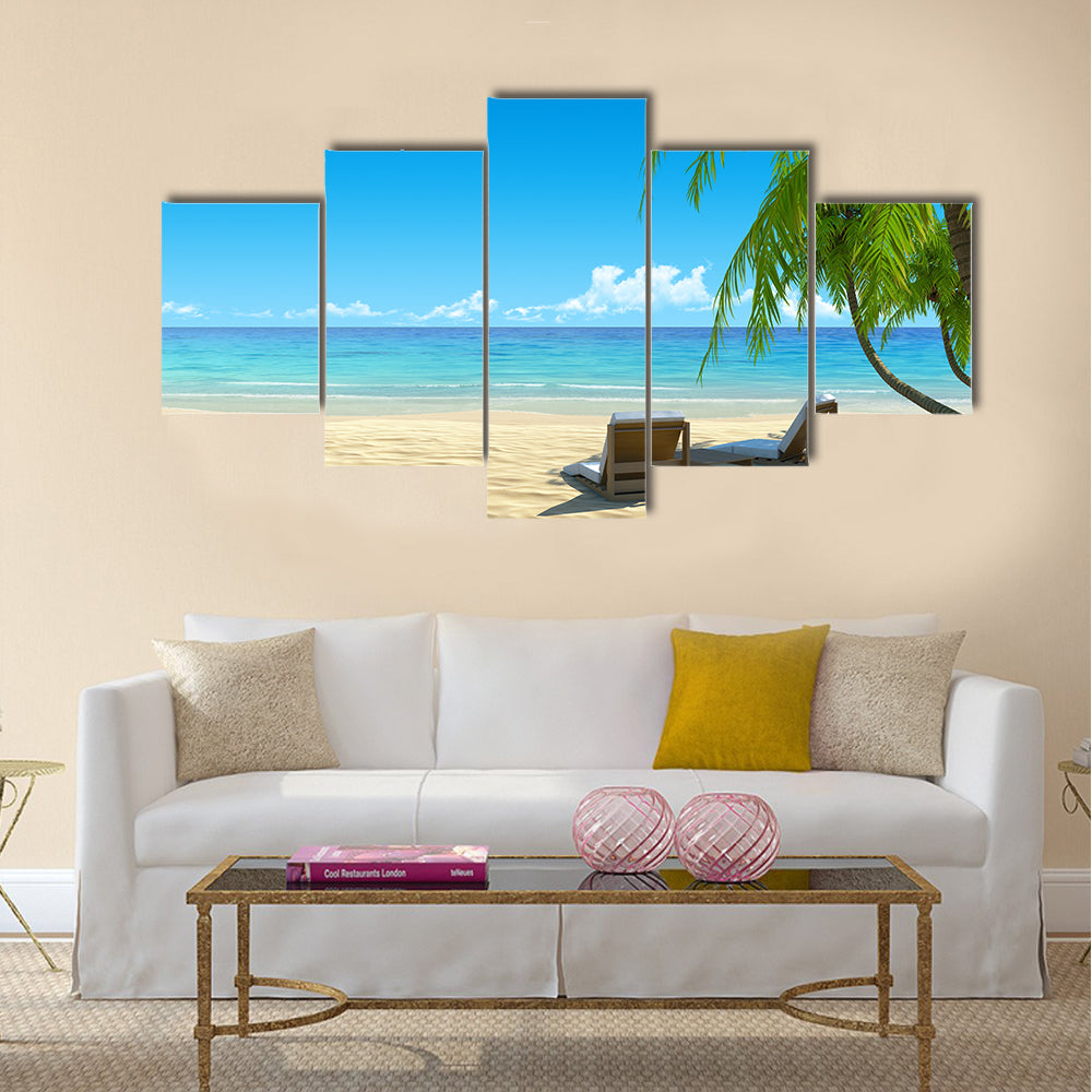 Two stylish beach chairs on idyllic tropical white sand beach Multi panel canvas wall art