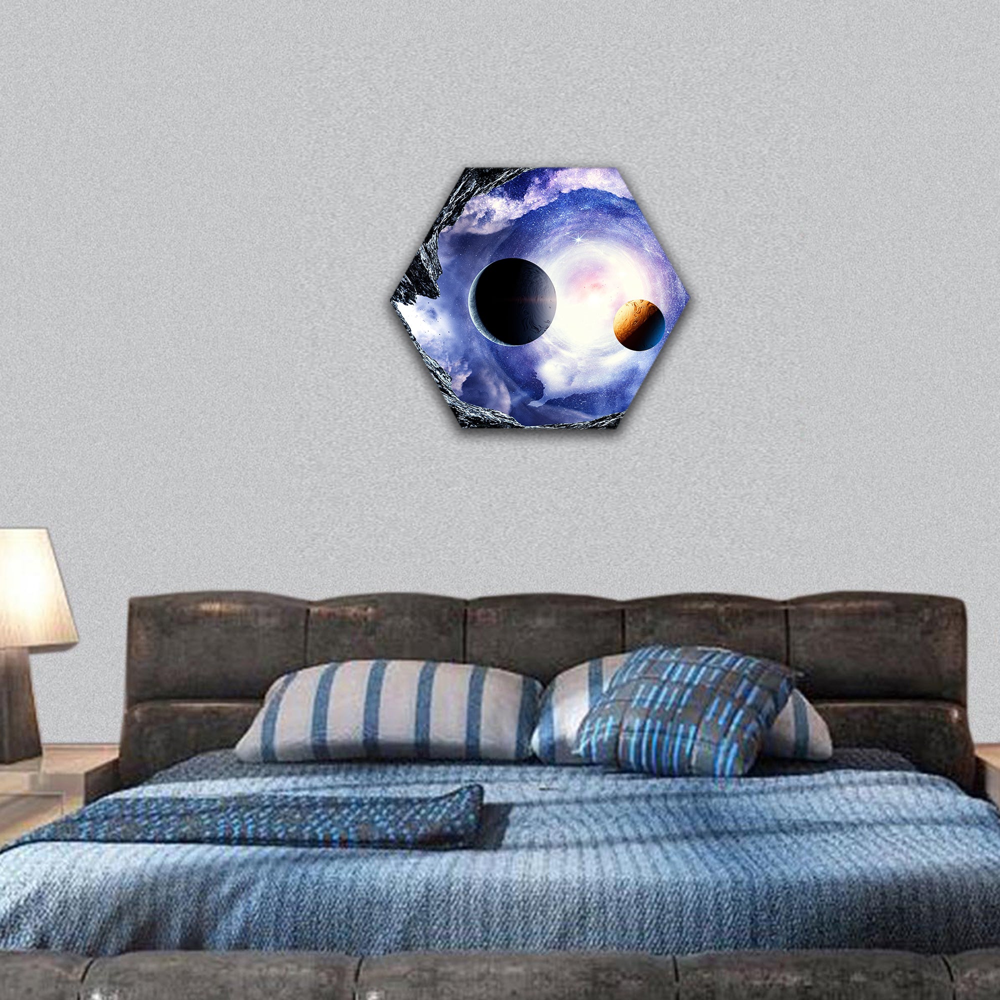 image with space planets and starry sky hexagonal canvas wall art