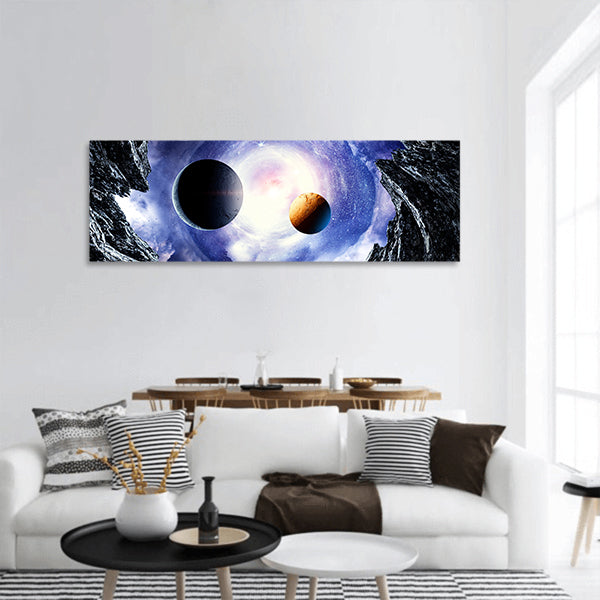 Abstract image with space planets and starry sky panoramic canvas wall art