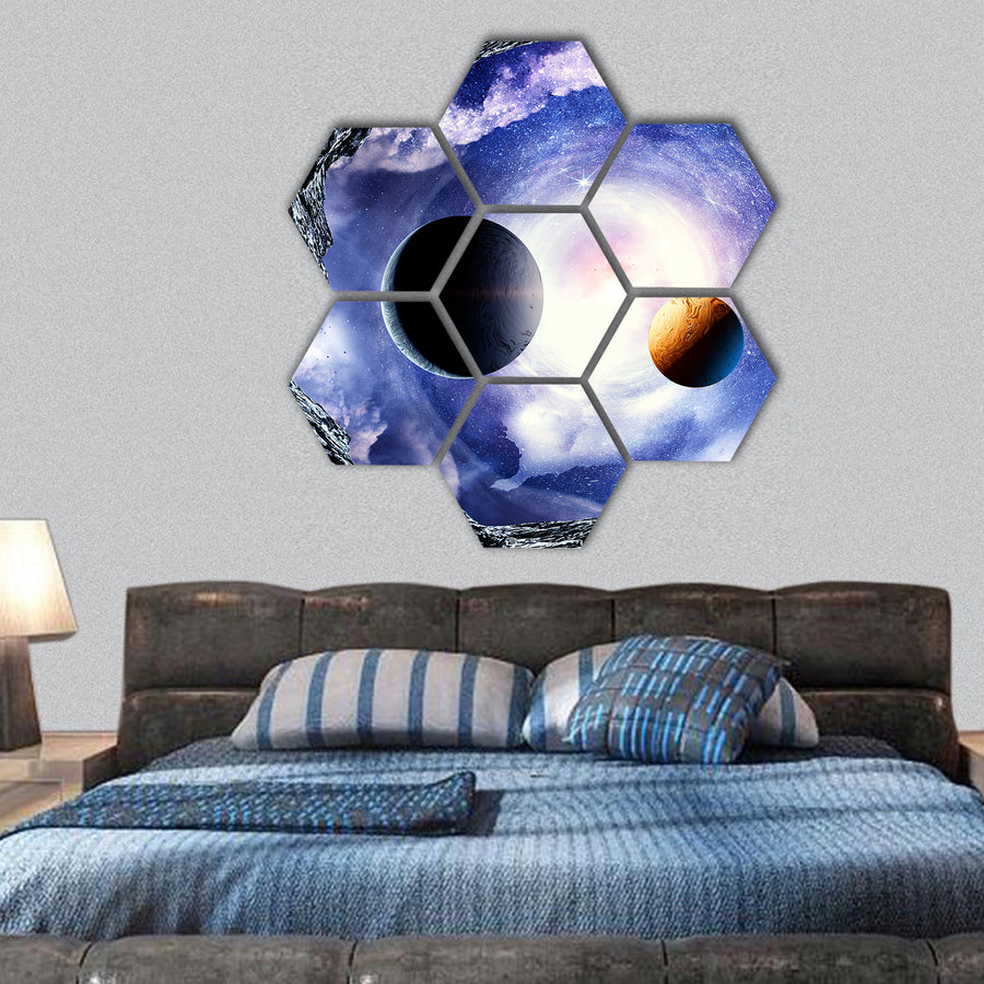 image with space planets and starry sky hexagonal canvas wall art
