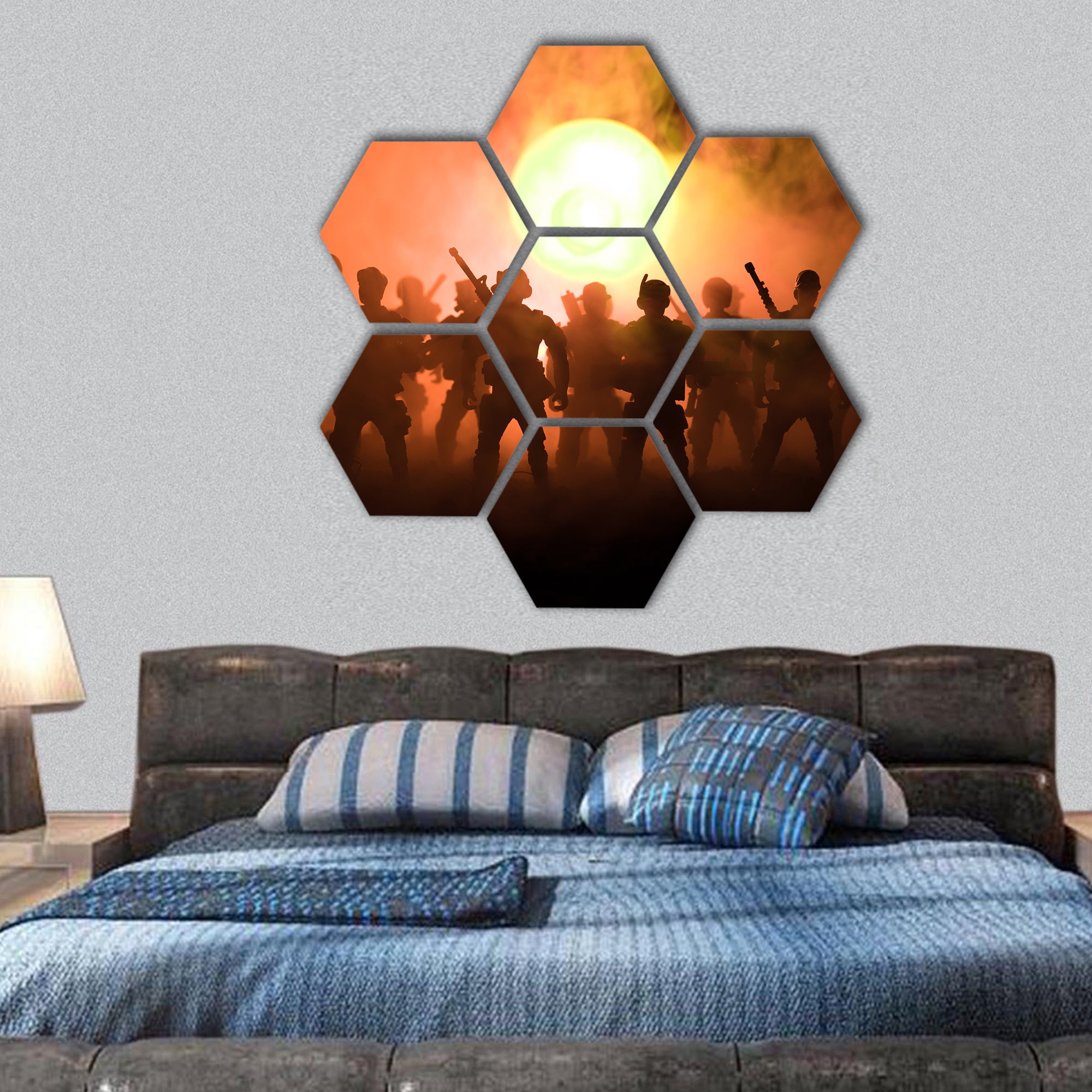 Anti-riot police give signal to be ready hexagonal canvas wall art