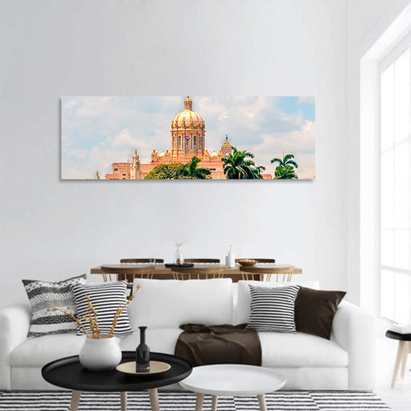 Yellow dome of an ancient building with a flag Panoramic canvas Wall Art
