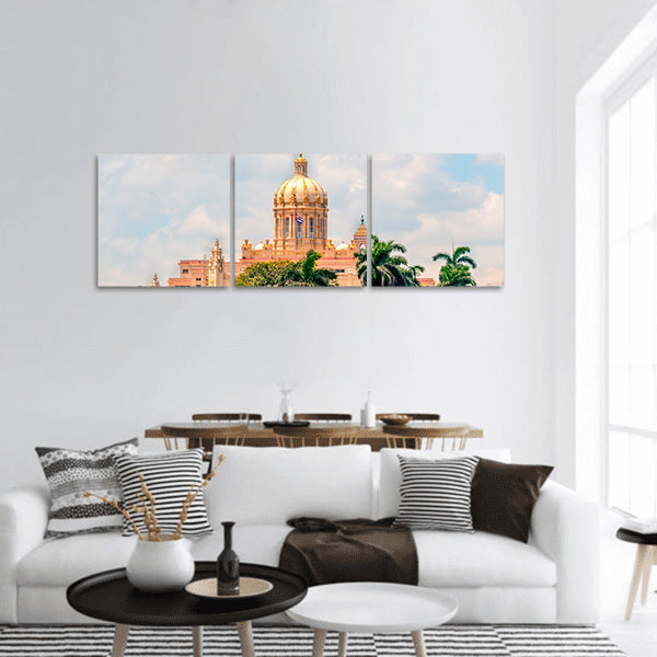 Yellow dome of an ancient building with a flag Panoramic canvas Wall Art