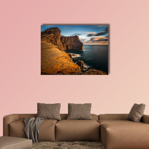 High cliffs of Vagar Island in sunset, Faroe Islands Multi panel canvas wall art