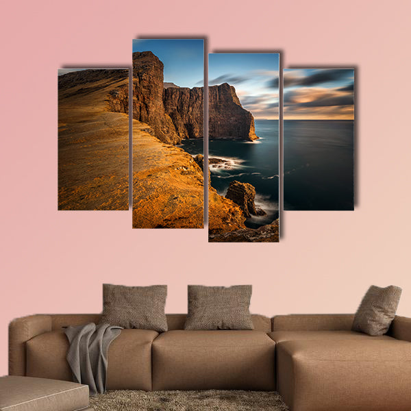 High cliffs of Vagar Island in sunset, Faroe Islands Multi panel canvas wall art