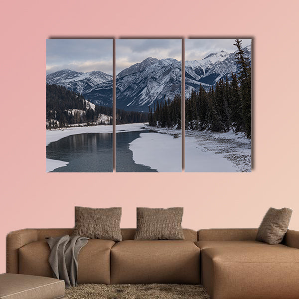 Frozen lake with mountain range in the background, Maligne Lake, wall art