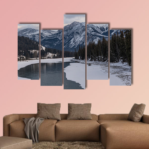Frozen lake with mountain range in the background, Maligne Lake, wall art