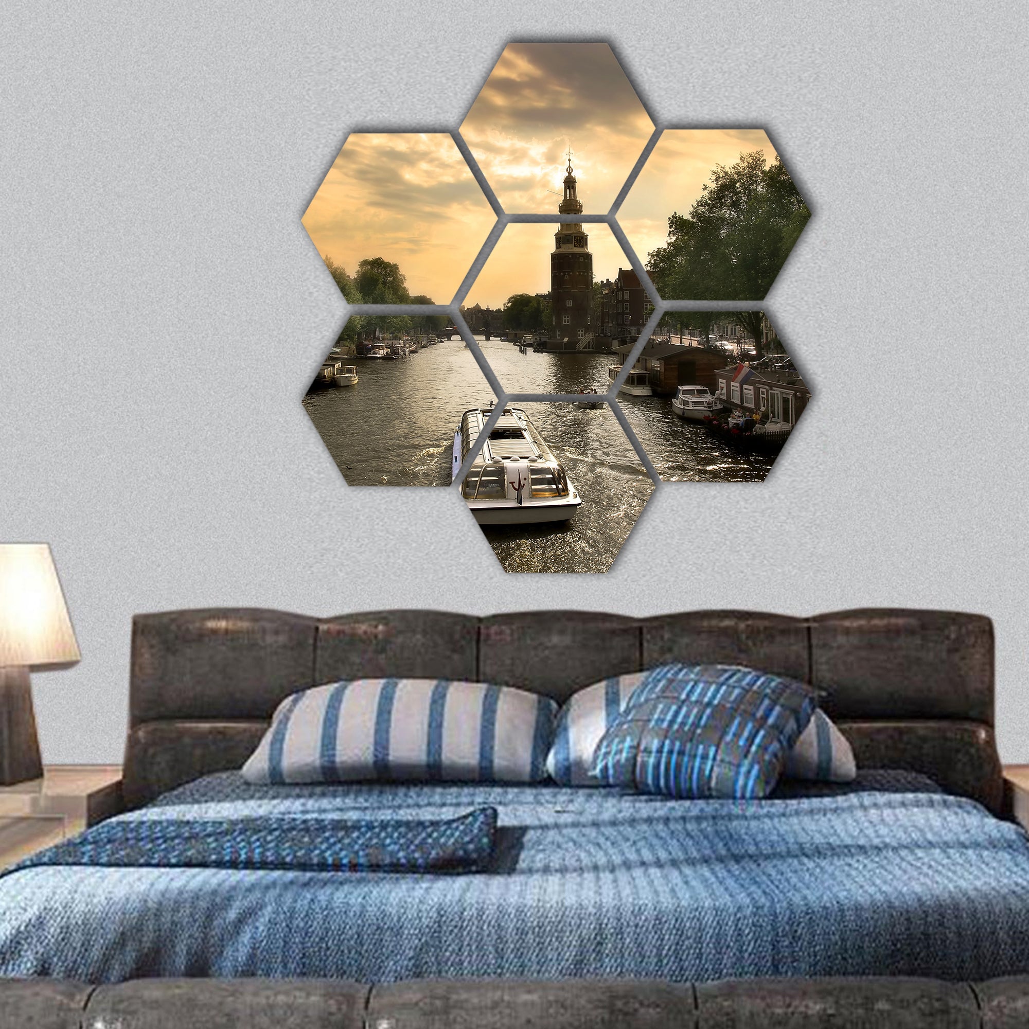 View on city canal, Netherlands hexagonal canvas wall art