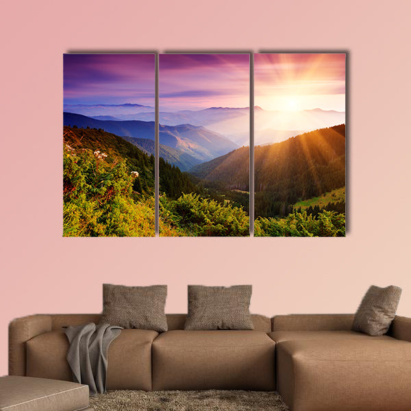 Summer landscape in mountains with the sun Multi panel canvas wall art