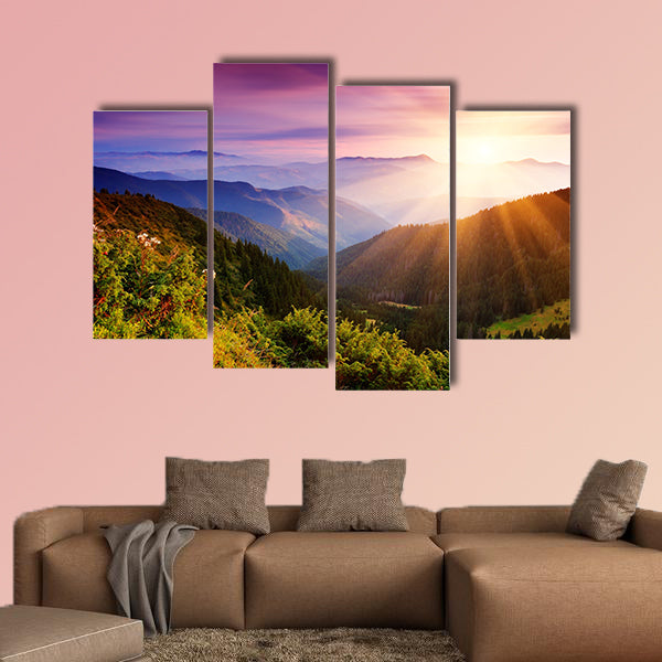Summer landscape in mountains with the sun Multi panel canvas wall art